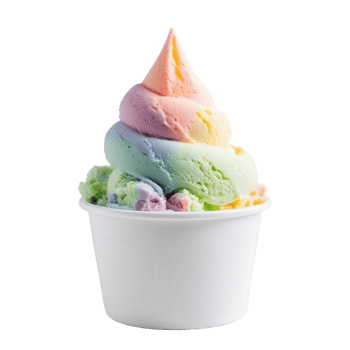 vibrant rainbow ice cream scoop served in white cup on transparent background, showcasing its colorful swirls and creamy texture, perfect for cheerful dessert presentation. png