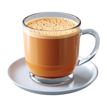 A glass mug of frothy coffee sits on a white saucer a delicious treat png