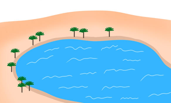 Green palm trees and oasis in the middle of desert illustration, desert landscape png