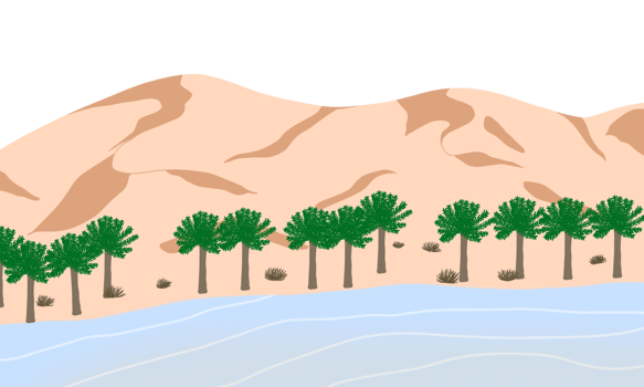 Green palm tree and oasis in the desert, desert landscap illustration png