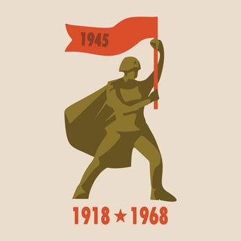 A Constructivist style illustration of a Soviet soldier proudly holding a flag emblazoned with 1945 vector