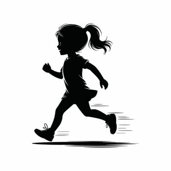 Silhouette of Happy Little Girl Running Fast, Child in Motion, Active Kid, Childhood Fun, Black and White Illustration for Stock Market vector