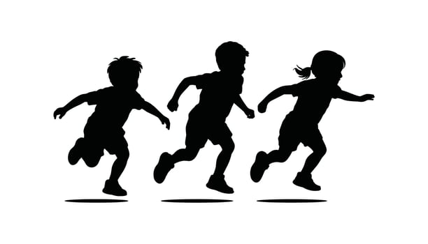 Silhouette of Running Children, Active Kids Playing Outdoors, Childhood Fun and Fitness, Black Illustration for Sports, Education, and Family Design Projects vector