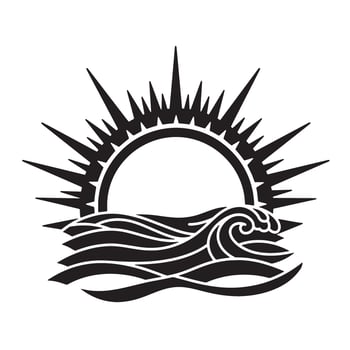 Black and white vintage art illustration of the sun rising over the ocean with stylized waves and radiating sunbeams creating a simple elegant design. vector