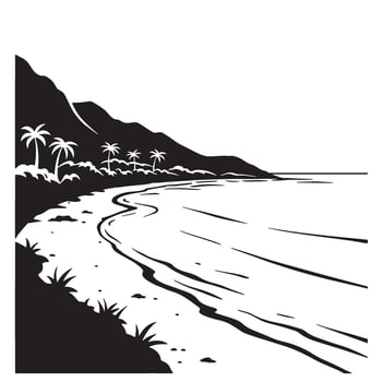 Black and white vintage art illustration featuring a tranquil coastal beach scene with palm trees and mountains in the background. vector