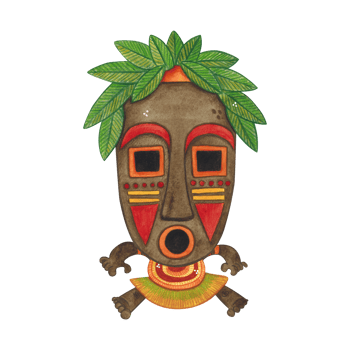 Dancing african aborigine in brown mask with bright pattern. Watercolor illustration, hand drawn, cartoon. Drawing for poster, stickers, print. Africa, mask, funny, character png