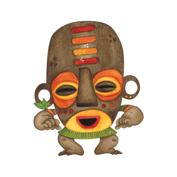 Crouching African aborigine in a brown mask with a bright pattern and big ears. Watercolor illustration, hand drawn, cartoon. Drawing for poster, stickers, print. Africa, mask, funny, character png