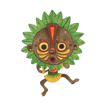 Dancing african aborigine in brown round mask with green leaves frame in yellow skirt. Watercolor illustration, hand drawn, cartoon. Drawing for poster, stickers, print. Africa, mask, funny, character png