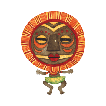 Jumping african aborigine in brown round mask with orange fringe with arms outstretched. Watercolor illustration, hand drawn, cartoon. Drawing for poster, stickers, print. Africa, mask, funny png