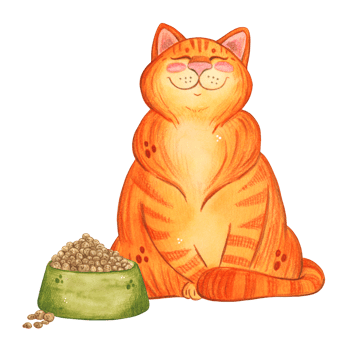 A ginger cat sits next to a green cup filled with pet food. Watercolor illustration hand drawn, cartoon. Drawing for stickers, cards, posters. Feed, cat, food, nutrition, cup, green, bowl png