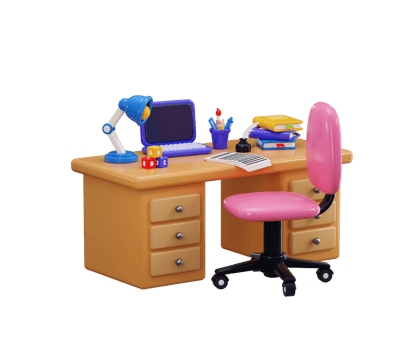 Study desk and chair icon set 3d render concept of education desk interior on laptop with books, table lamp with Stationery icon full study desk setup icon illustration png