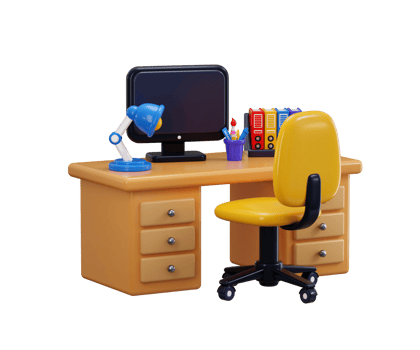 Office desk and chair icon set 3d render concept of Office interior on monitor with File binders, table lamp with Stationery icon full office desk setup icon illustration png