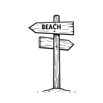 A charming black and white illustration of a wooden beach signpost pointing the way towards an idyllic coastal destination for summer travel. vector