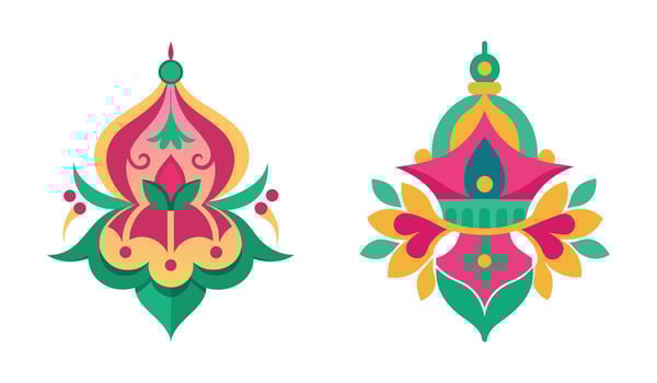 Two ornate decorative elements with intricate patterns and vibrant colors isolated on white background vector
