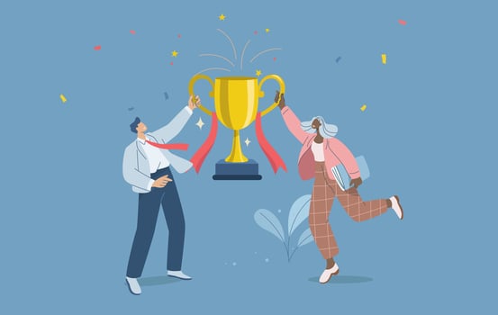 Two people celebrating with trophy vector