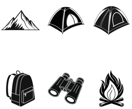 Camping icons: mountain, tent, backpack, binoculars, fire vector