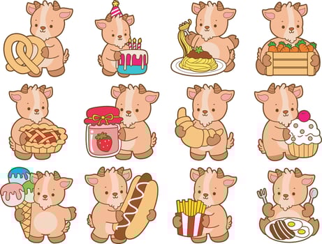 Goats with various delicious food items vector