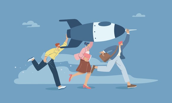 Team running with a rocket illustration vector