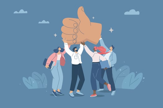Team celebrating success with thumbs up vector