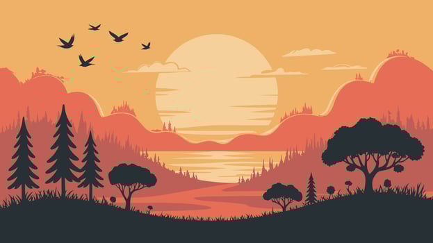 Sunset Landscape with Birds Trees and Mountains in Silhouette vector