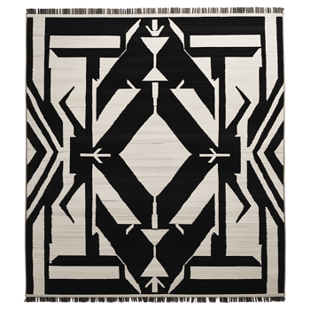 Black and white geometric rug with abstract design and fringed edges png