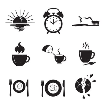 Set of breakfast and morning routine icons in simple black and white graphic style vector