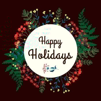 Festive Happy Holidays greeting card with winter plants berries and leaves in a circular botanical wreath perfect for Christmas cards invitations posters packaging and seasonal designs. vector
