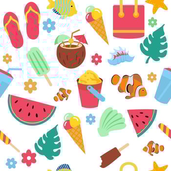 Colorful summer seamless pattern. Beach elements sunglasses palm watermelon slice tote bag umbrella ice cream vector