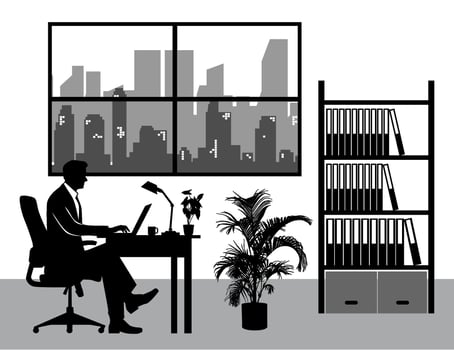 black silhouette of a man working in an office with a city view illustration vector
