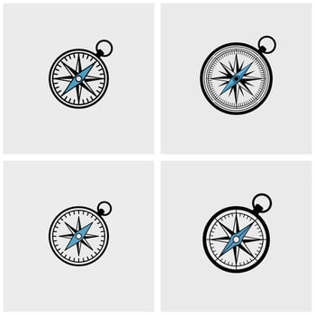 Four Simple Black and White Compass Illustrations with Light Blue Needle Pointing North on a Light Gray Background vector