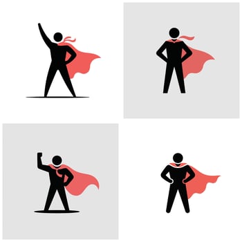 Four Simple Black Silhouettes of Superheroes Wearing Red Capes Two Figures Stand with Hands on Hips One Figure Has Arm Raised in a Power Pose vector