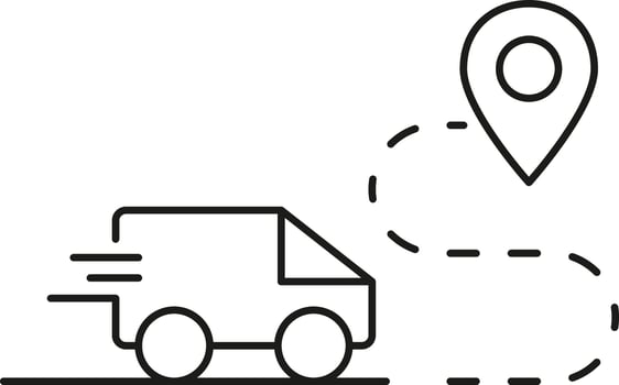 Delivery truck moving towards location pin vector