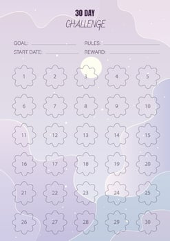 30 Day Challenge Habits Tracker Planner Document Printable On Abstract Trendy Celestial Wallpaper Background Fantasy Landscape Magic Dreamy Calm Moon Night Sky Poster Design vector