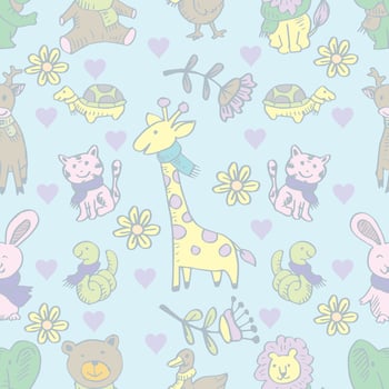 Colorful pattern with cute animals and flowers vector