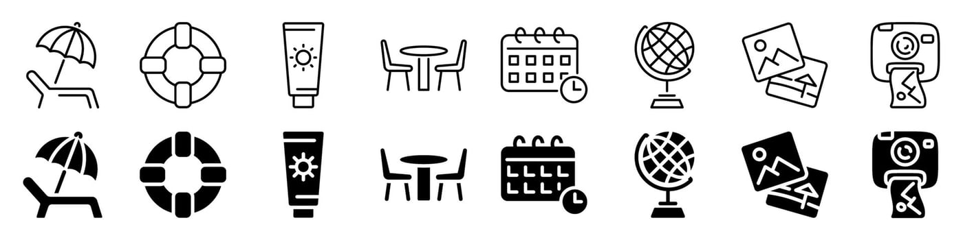 Vacation and travel icon set. Linear and silhouette style. vector