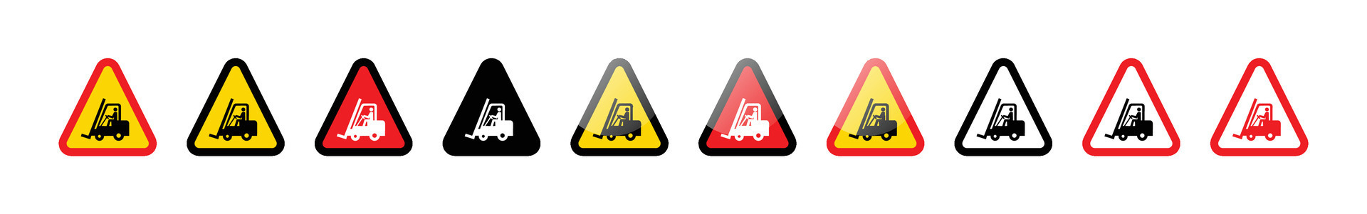 Collection of forklift warning signs in various color schemes on white backdrop vector