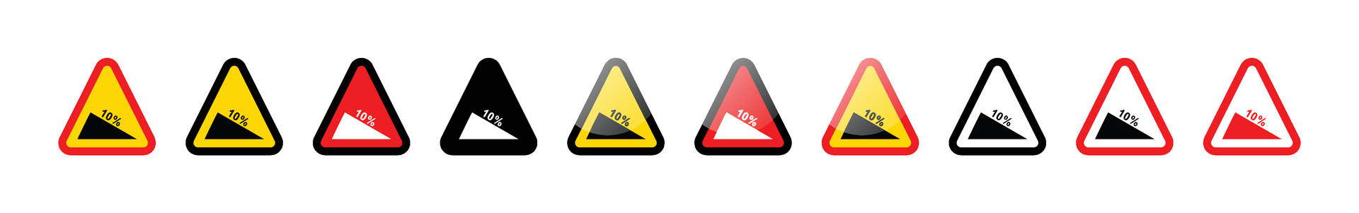 Collection of triangular road signs indicating a steep downward slope of ten percent vector