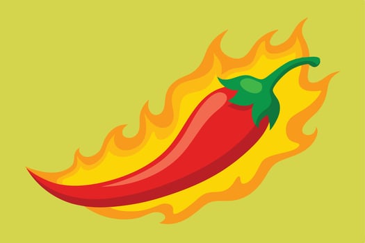 Fiery Red Chili Pepper engulfed in Flames, Spicy Hot Food Illustration, Vibrant Design - Professional digital artwork with vibrant colors and detailed composition vector