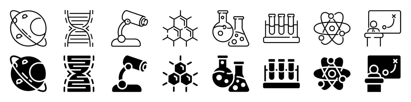 Science and laboratory icon set. Linear and silhouette style. vector