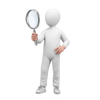 3D white humanoid figure holding magnifying glass, standing confidently with one hand on hip, symbolizing investigation and curiosity png