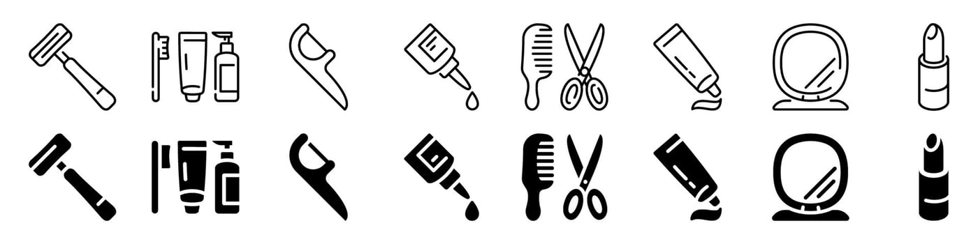 Personal grooming and beauty icon set. Linear and silhouette style. vector