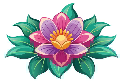 Vibrant Pink and Purple Flower with Lush Green Leaves, Isolated on White Background, Blooming in Tropical Paradise, Evocative of Joyful Spring vector