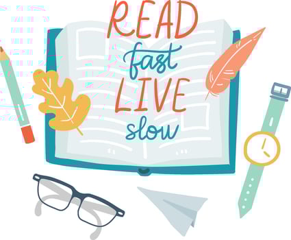 Open book with read fast live slow lettering inspiring mindful lifestyle with glasses, colored pencil, feather, paper plane, autumn leaf and wristwatch suggesting work life balance and self care vector