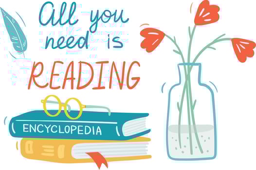 Feather, glasses on encyclopedia and flowers in a vase are illustrating the concept of reading and studying, suggesting that all you need is reading vector