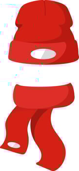 Red winter beanie featuring a white logo patch, paired with a cozy red scarf also displaying a white logo patch, offering warmth and style for cold weather outings vector
