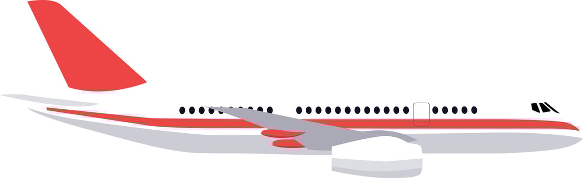 Red and white wide body passenger jet flying high in a clear sky, featuring wings, engines, and windows, embodying air travel, tourism, and aviation vector