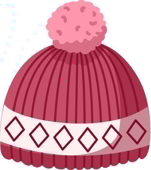 Warm, knitted winter hat featuring a fluffy pink pompom and a stylish rhombus pattern, providing cozy comfort and fashionable flair during the chilly winter months vector