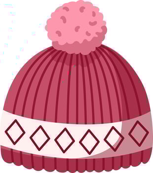 Warm knitted winter hat featuring a fluffy pink pompom and a stylish rhombus pattern, providing cozy comfort and protection against the cold winter weather vector