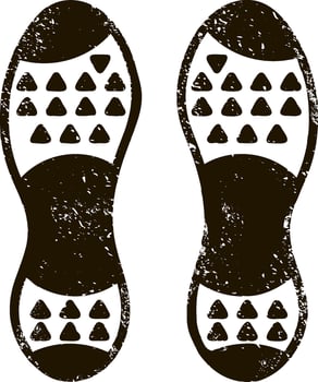 Pair of black shoe prints featuring a distinct sole pattern and grunge texture, clearly indicating the direction of footsteps, suggesting movement and exploration along a path vector