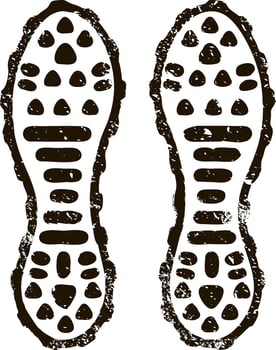 Grunge textured shoe prints are leaving a trail, suggesting someone walking or running in the mud, creating a sense of adventure and exploration vector
